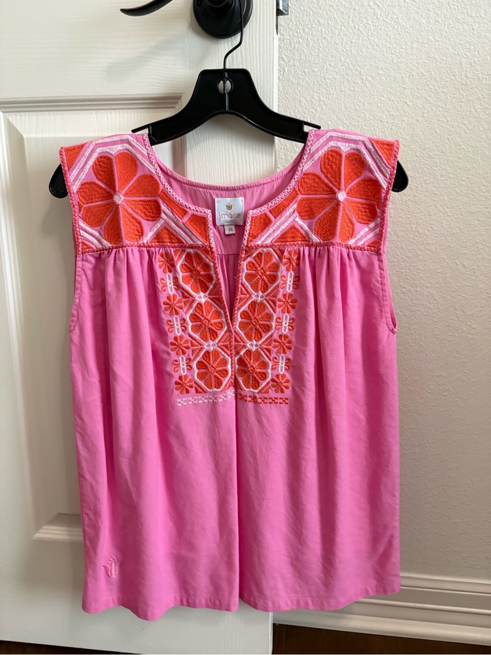 Pink Sleeveless Top with Orange Floral Embroidery